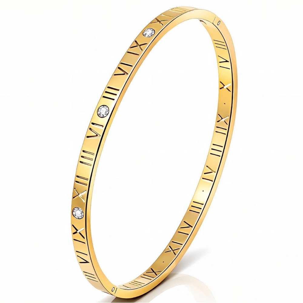 Gold Roman Numeral Bangle Bracelet BRACELET, 18K GOLD PLATED STEEL